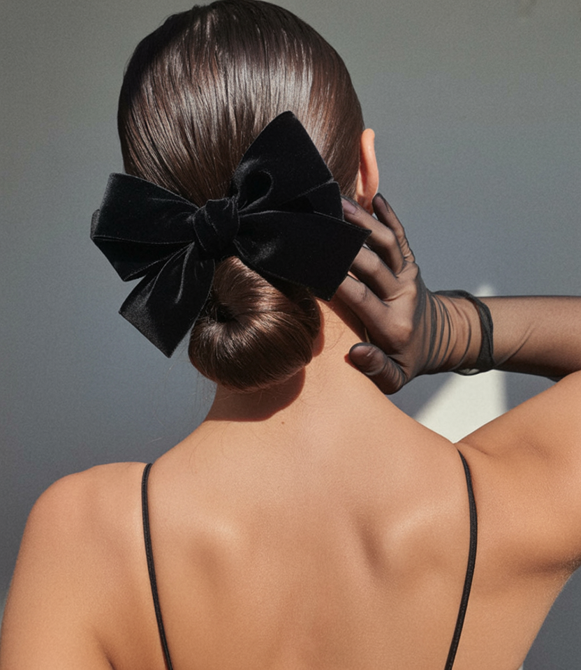 messy summer bun hairstyles 2026 Elegant Black Bow Bun with Evening Glamour