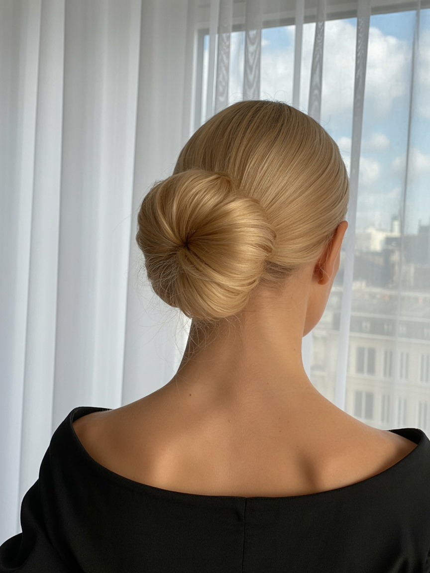 messy summer bun hairstyles 2026 Soft Blonde Chignon for Elegant Summer Events