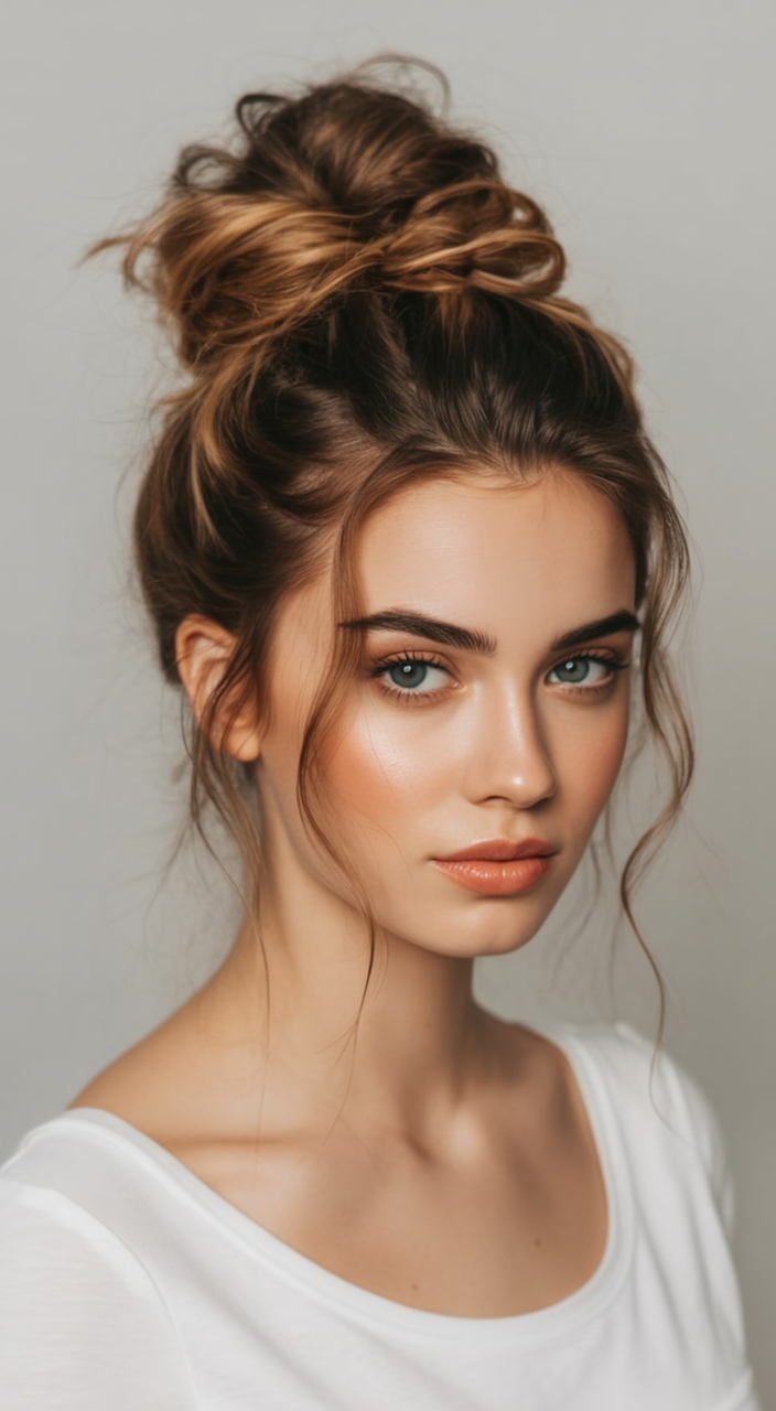 messy summer bun hairstyles 2026 Romantic Textured Bun with Soft Face Framing Pieces