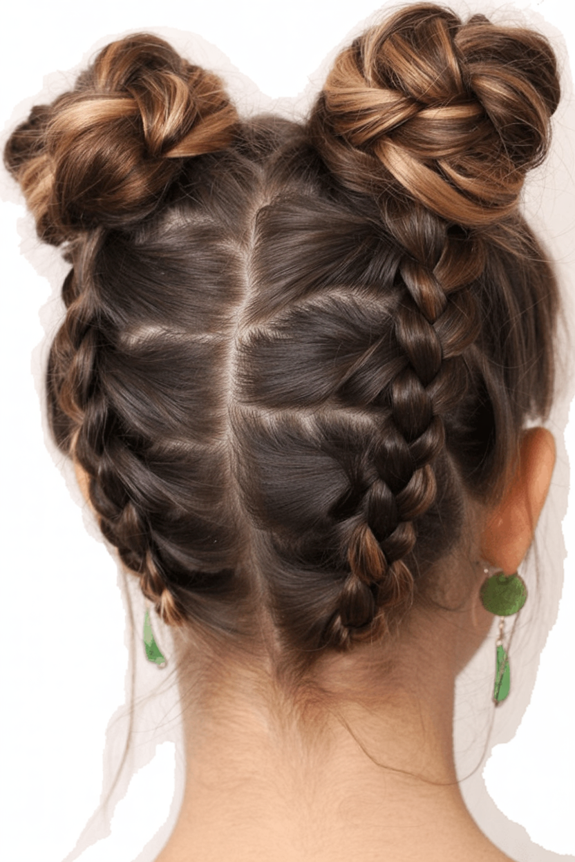 messy summer bun hairstyles 2026 Double Braided Space Buns with Playful Summer Energy