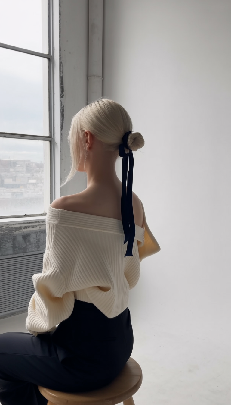 messy summer bun hairstyles 2026 Minimal Ribbon Bun with Quiet Feminine Style