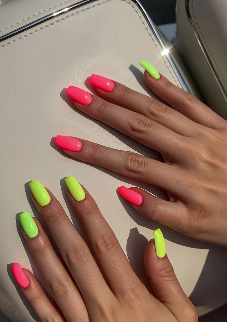 neon summer nails 2026 Electric Pink and Lime Summer Energy