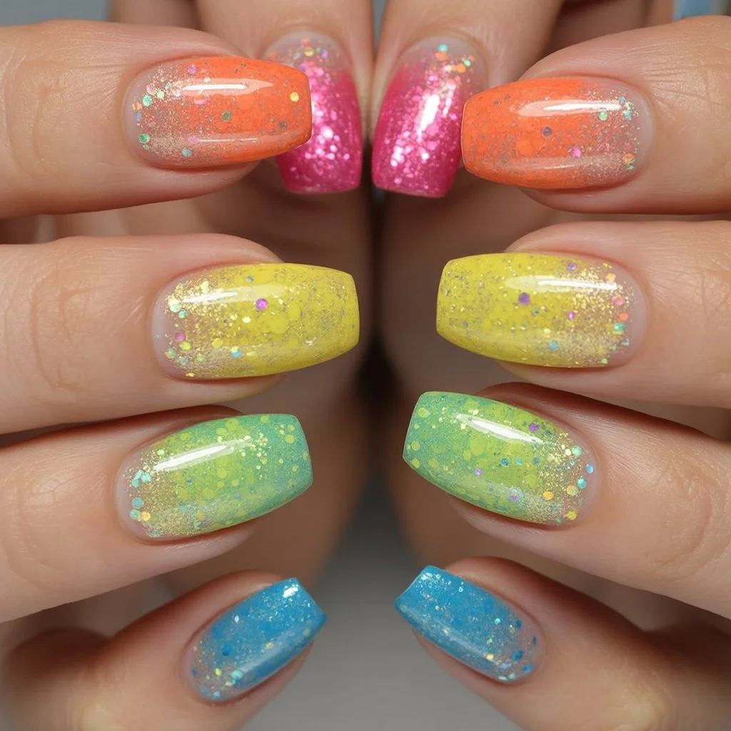 neon summer nails 2026 Rainbow Glitter Nails That Catch Every Ray Of Sun