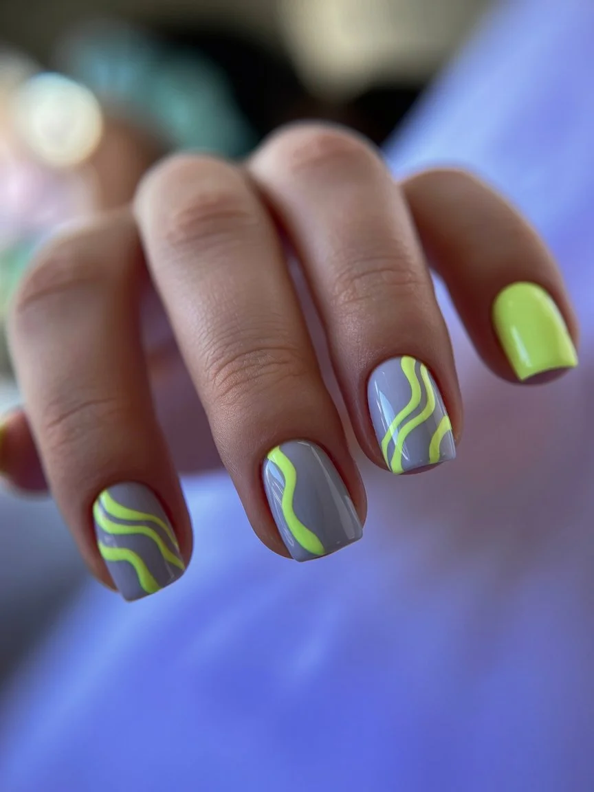 neon summer nails 2026 Cool Grey Waves With Electric Lime Details