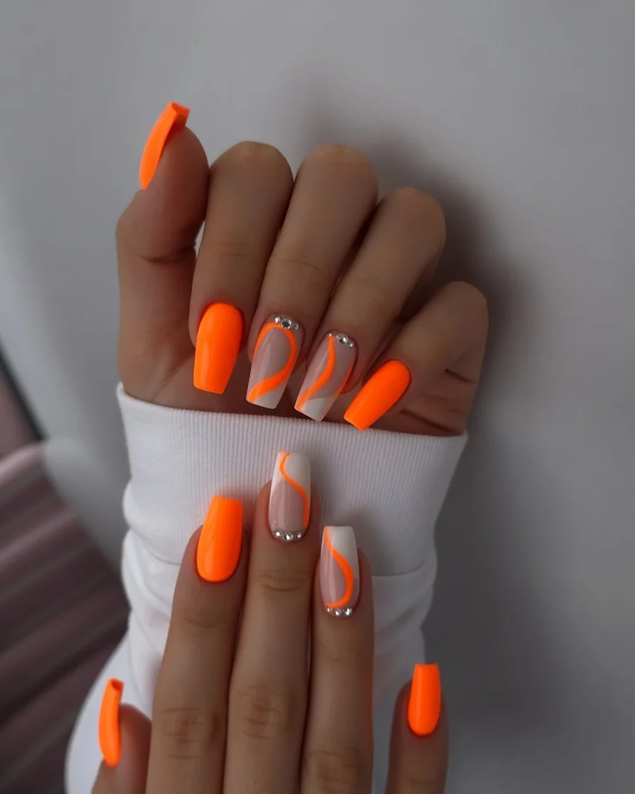 neon summer nails 2026 Electric Orange Waves With Minimal Neon Drama