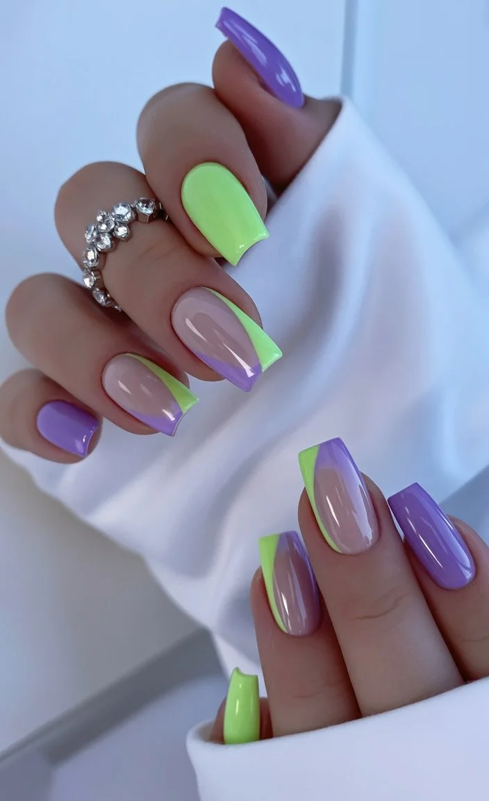 neon summer nails 2026 Lavender And Lime French Energy