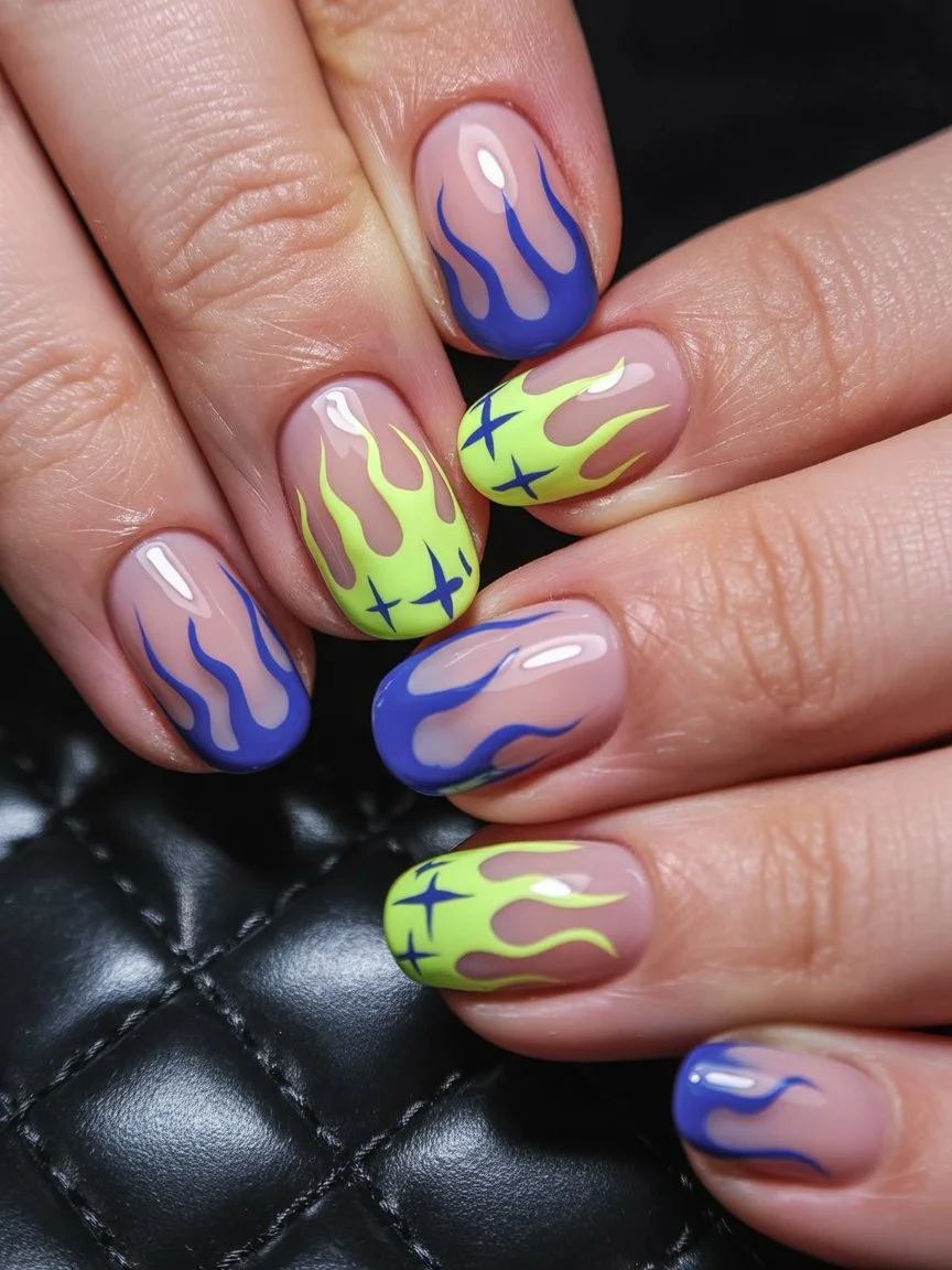 neon summer nails 2026 Electric Flame Art With Retro Energy