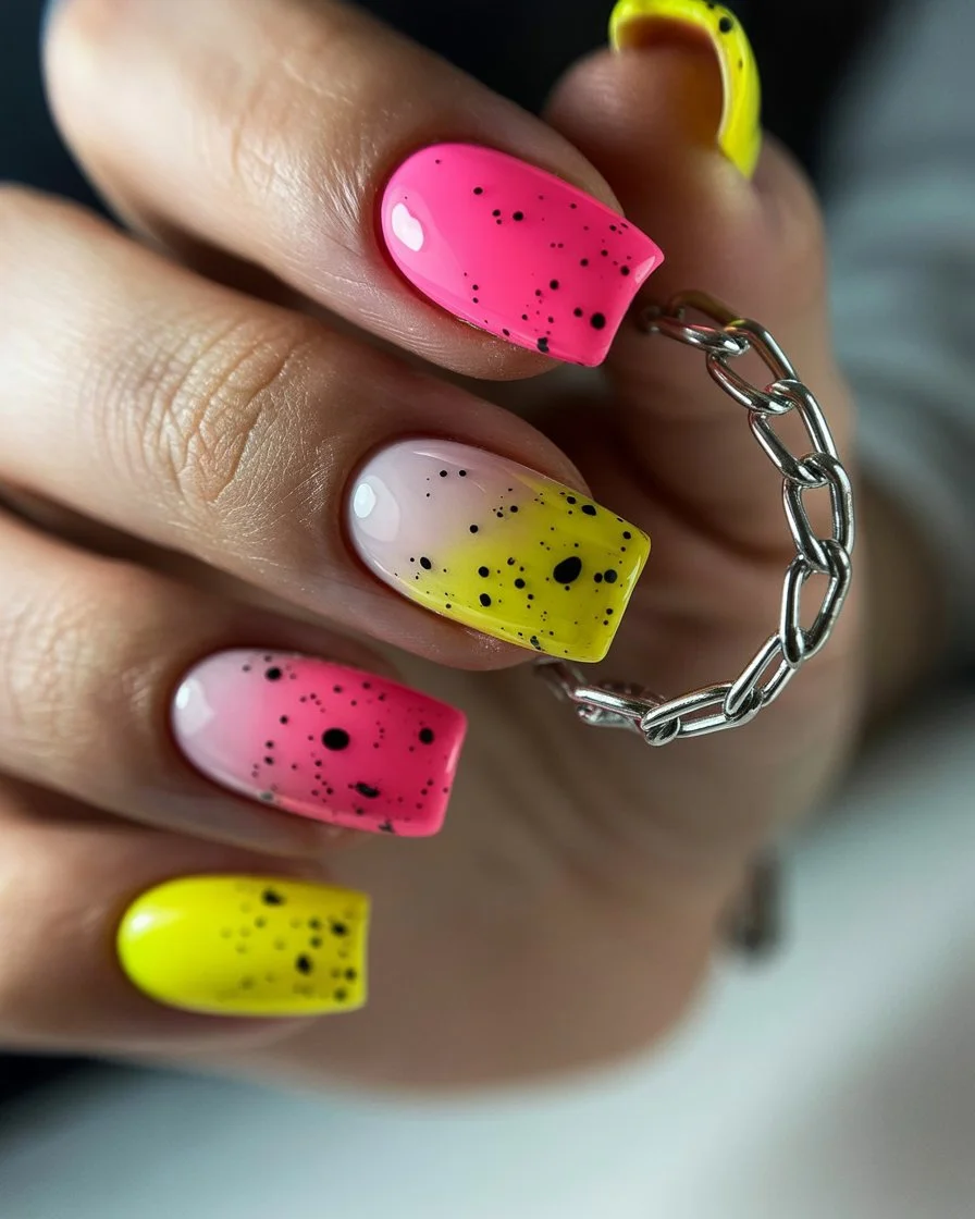 neon summer nails 2026 Neon Splash Nails With Playful Speckled Art