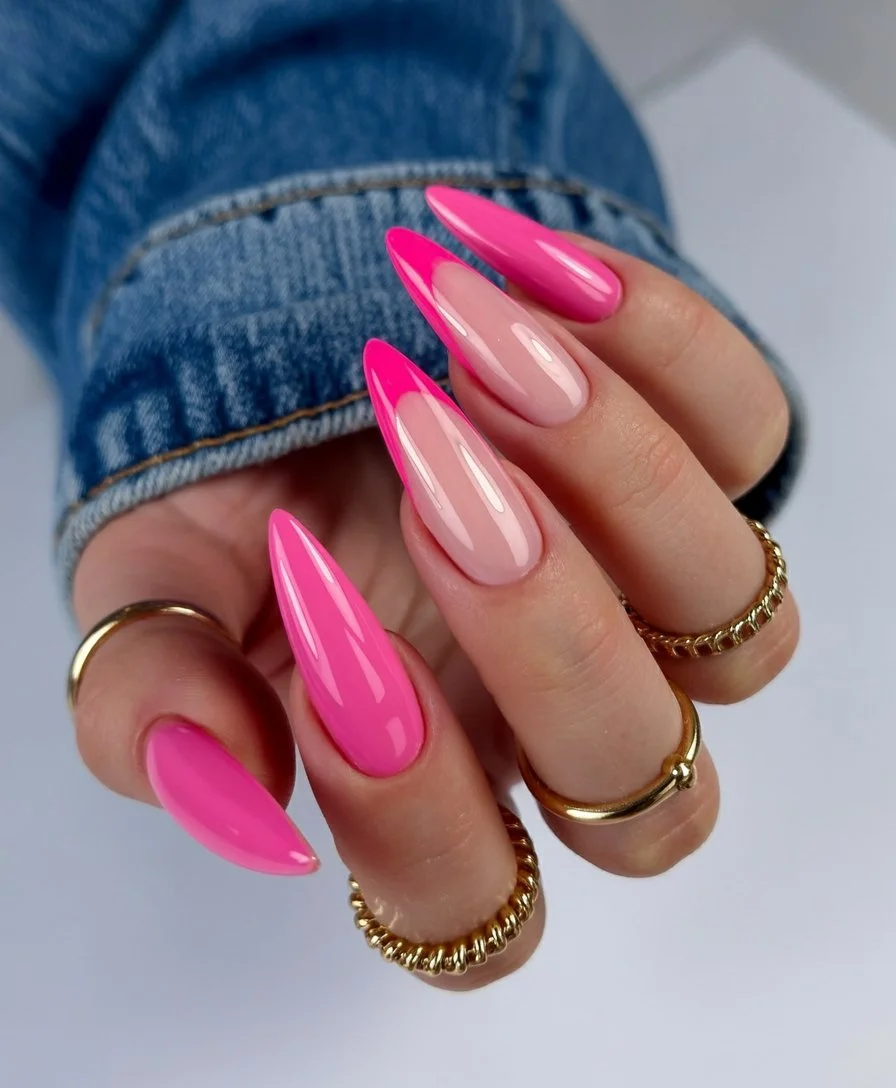 neon summer nails 2026 Glossy Hot Pink Almond Perfection