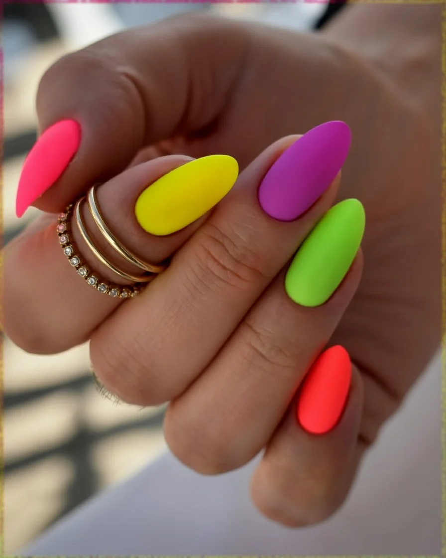 neon summer nails 2026 Rainbow Matte Neon Energy For Endless Summer Days