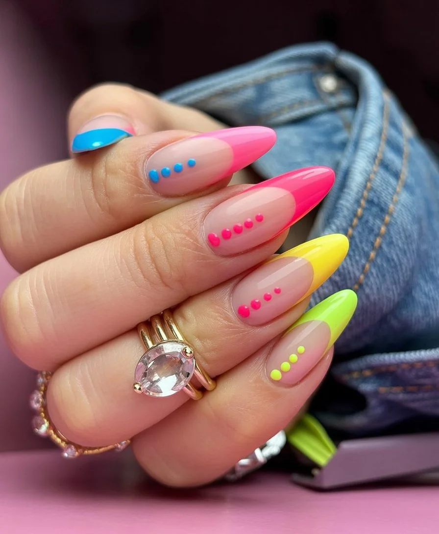 neon summer nails 2026 Rainbow French Tips With Tiny Neon Details