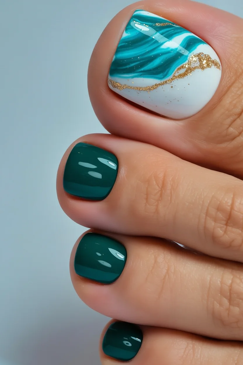 pedicure ideas summer trends 2026 Ocean Marble With Deep Emerald Energy