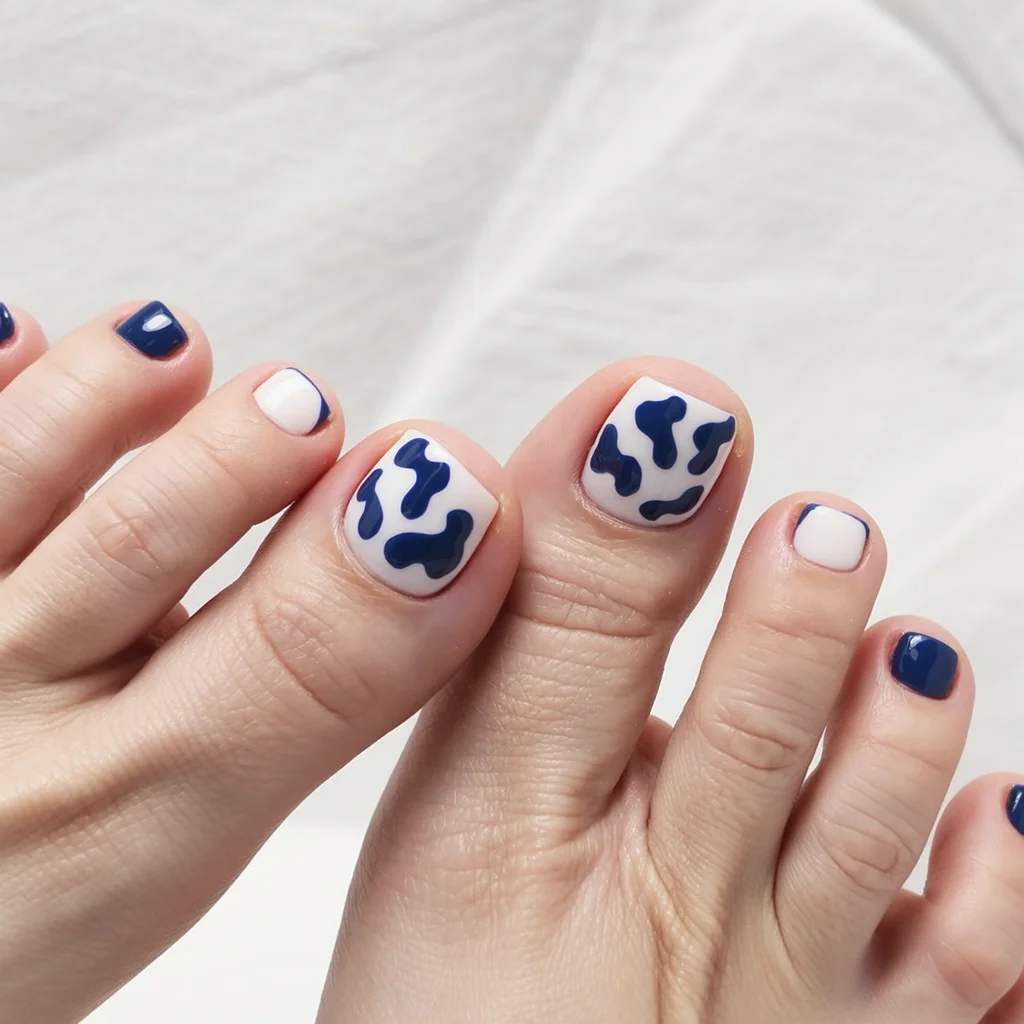 pedicure ideas summer trends 2026 Blue Cow Print With Coastal Cool Girl Energy
