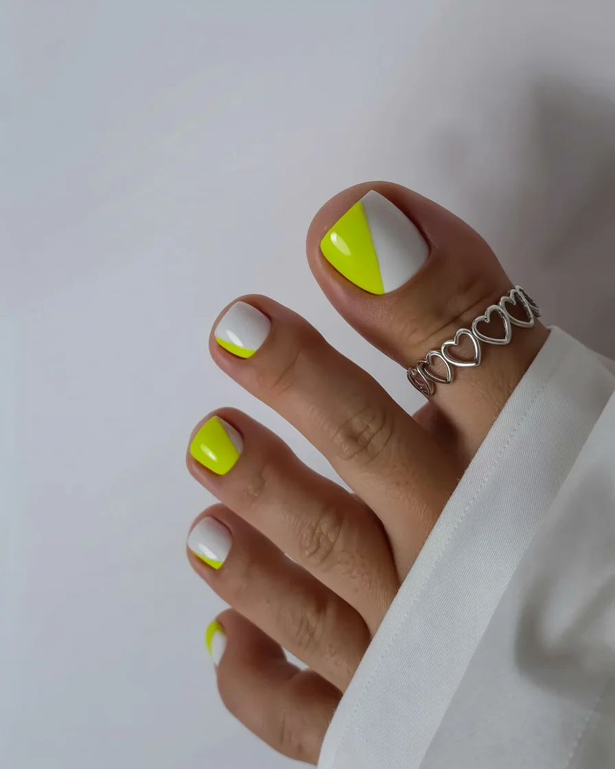 pedicure ideas summer trends 2026 Modern Color Block With Neon Lime Freshness