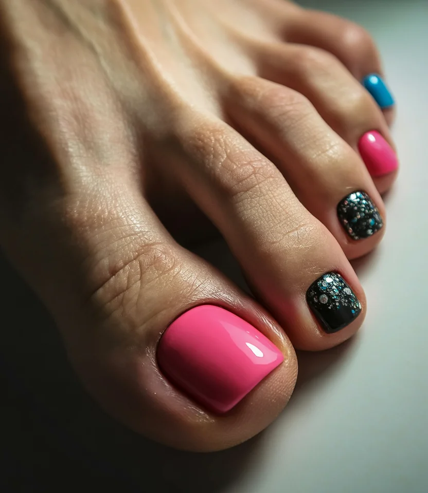 pedicure ideas summer trends 2026 Hot Pink Energy With Midnight Sparkle