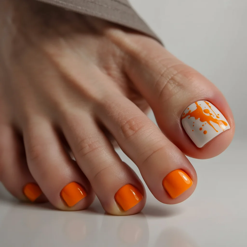 pedicure ideas summer trends 2026 Orange Paint Splash For Playful Summer Energy