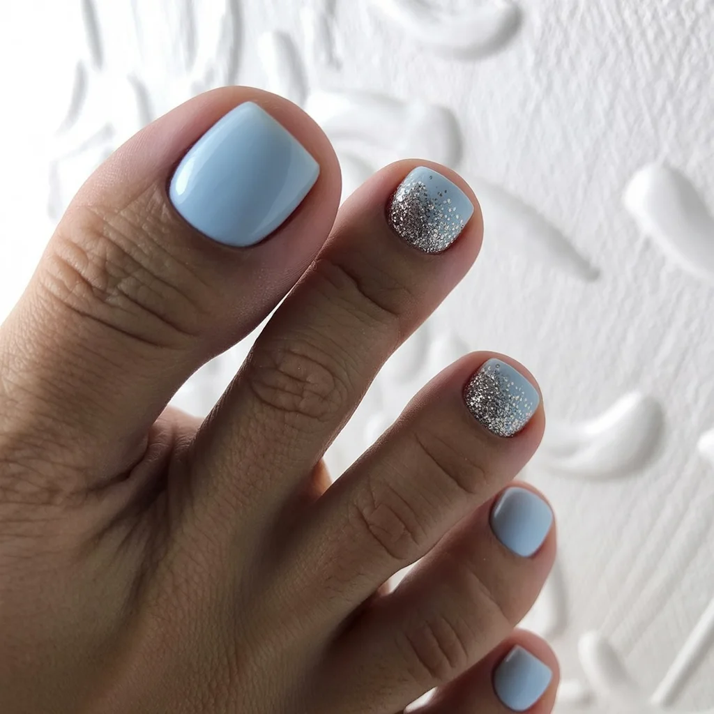 pedicure ideas summer trends 2026 Soft Ice Blue With Minimal Sparkle Magic