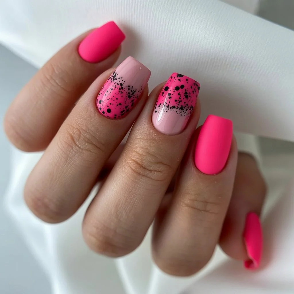 pink summer nails 2026 Neon Pink Energy With Graphic Ink Details