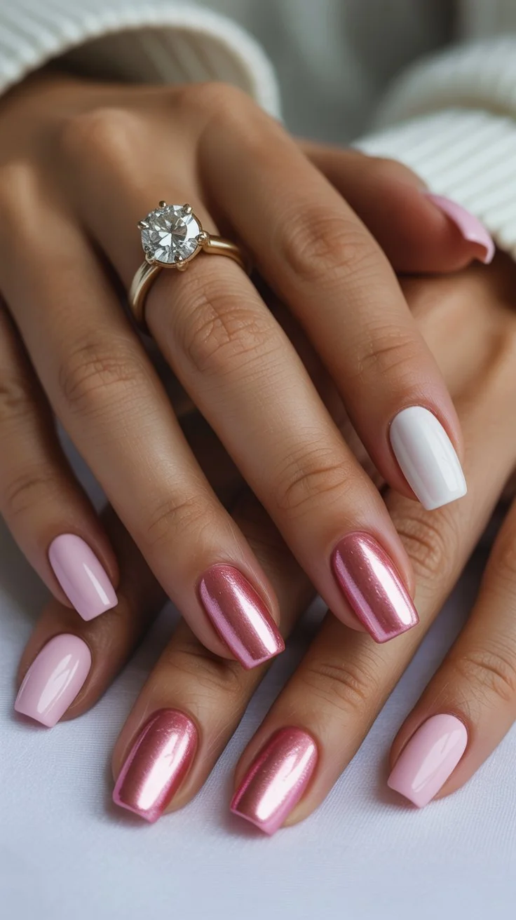 pink summer nails 2026 Pink Chrome Shine With Soft Romantic Contrast