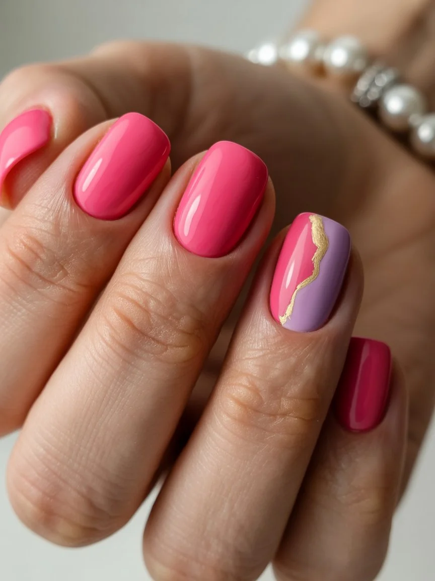 pink summer nails 2026 Pink And Lavender Nails With Golden Detail