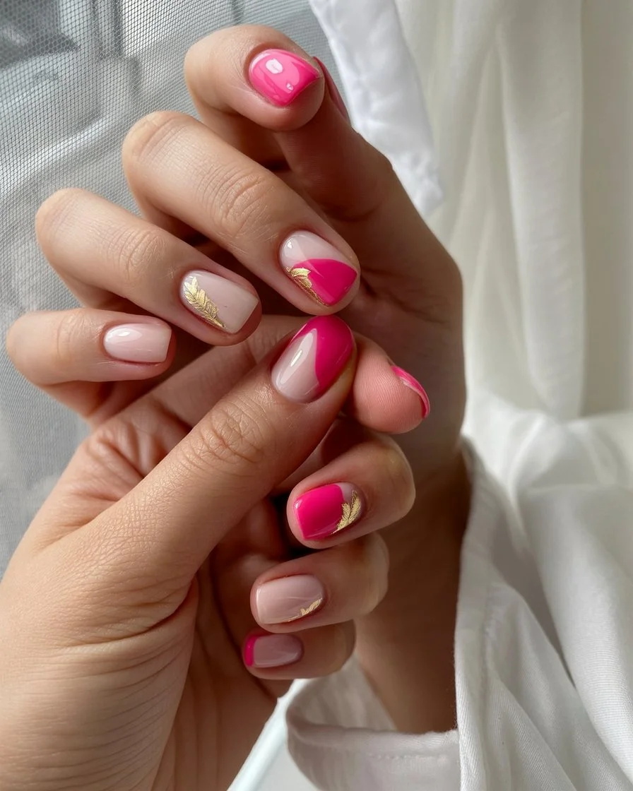 pink summer nails 2026 Pink And Gold Minimal Nails With Elegant Contrast