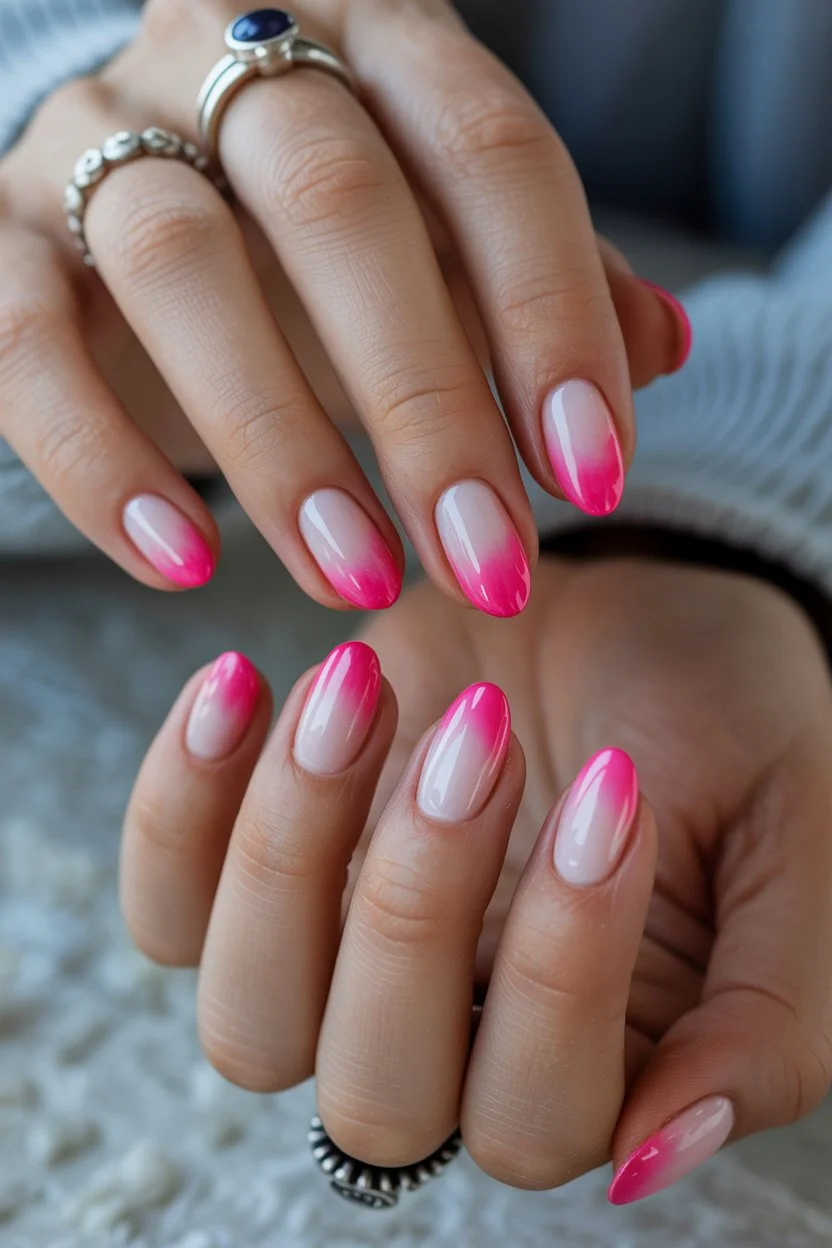pink summer nails 2026 Soft Pink Ombre Almond Nails With Sunset Energy