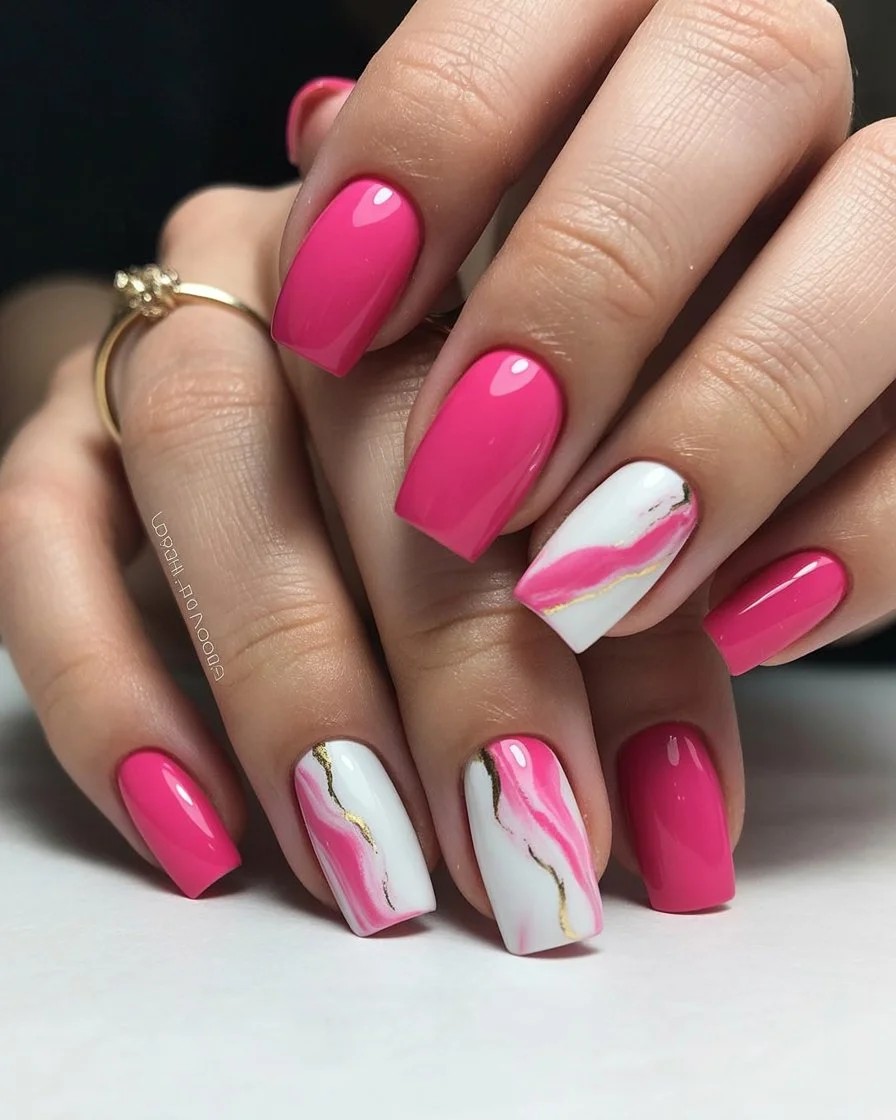 pink summer nails 2026 Pink Marble Waves With Luxe Gold Lines