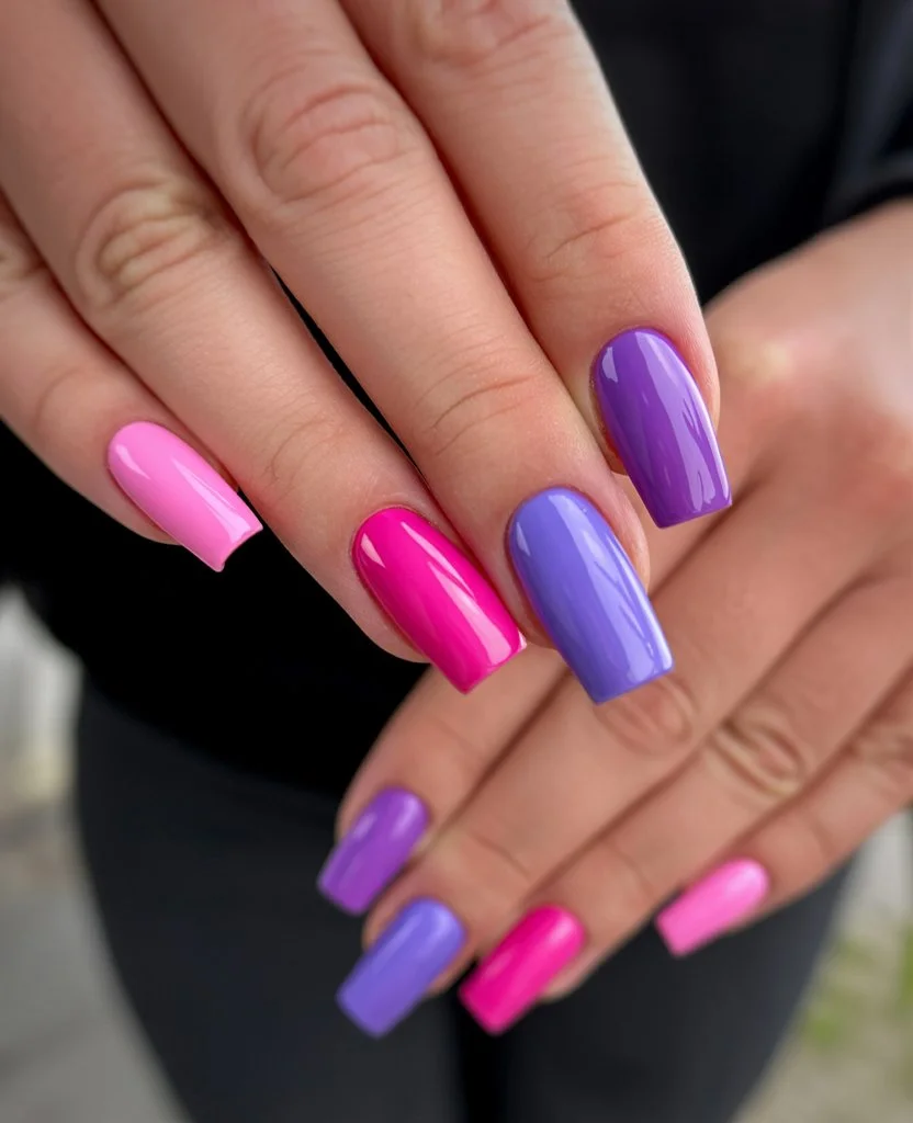 pink summer nails 2026 Pink And Lavender Color Block Nails With Bright Summer Vibes
