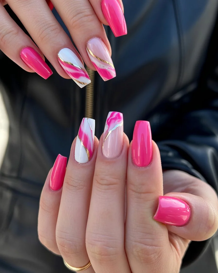 pink summer nails 2026 Pink Marble Swirls With Golden Summer Shine