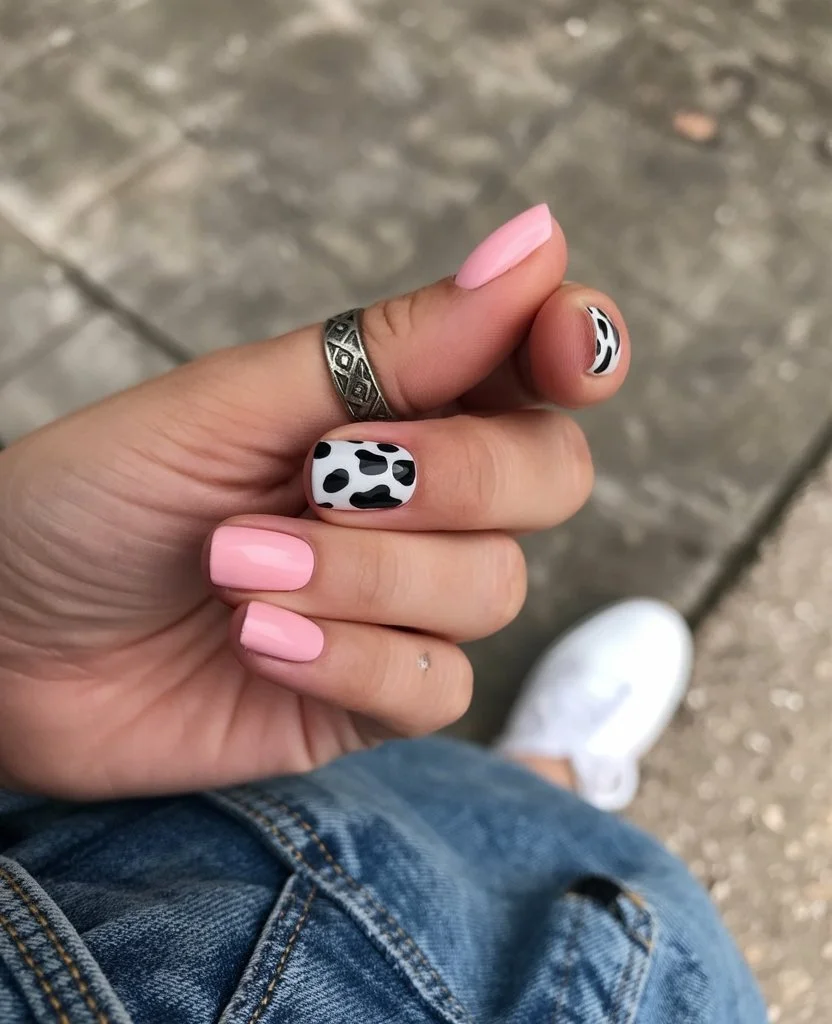 pink summer nails 2026 Soft Pink Nails With Playful Black Pattern Art
