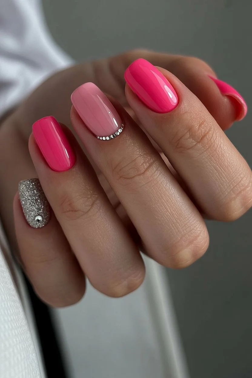 pink summer nails 2026 Bright Pink Nails With Crystal Minimal Glam