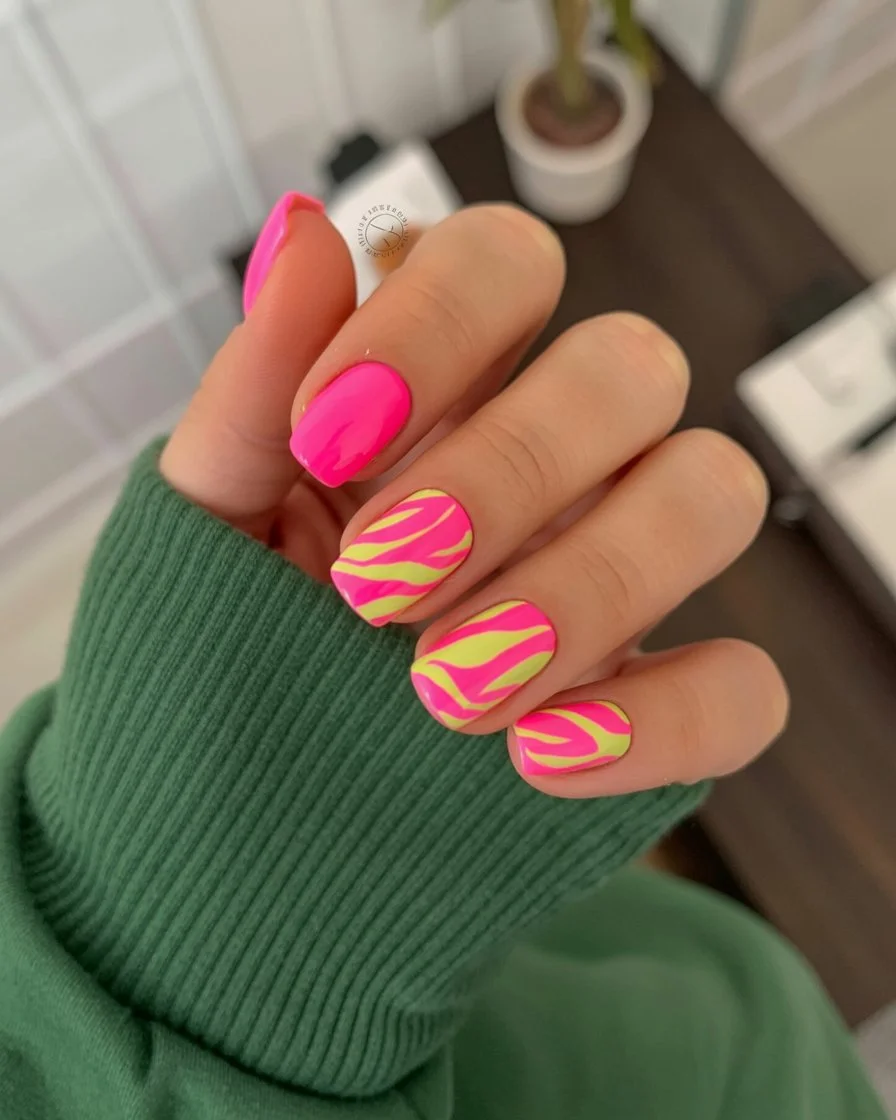 pink summer nails 2026 Wild Neon Zebra Nails For Main Character Summer