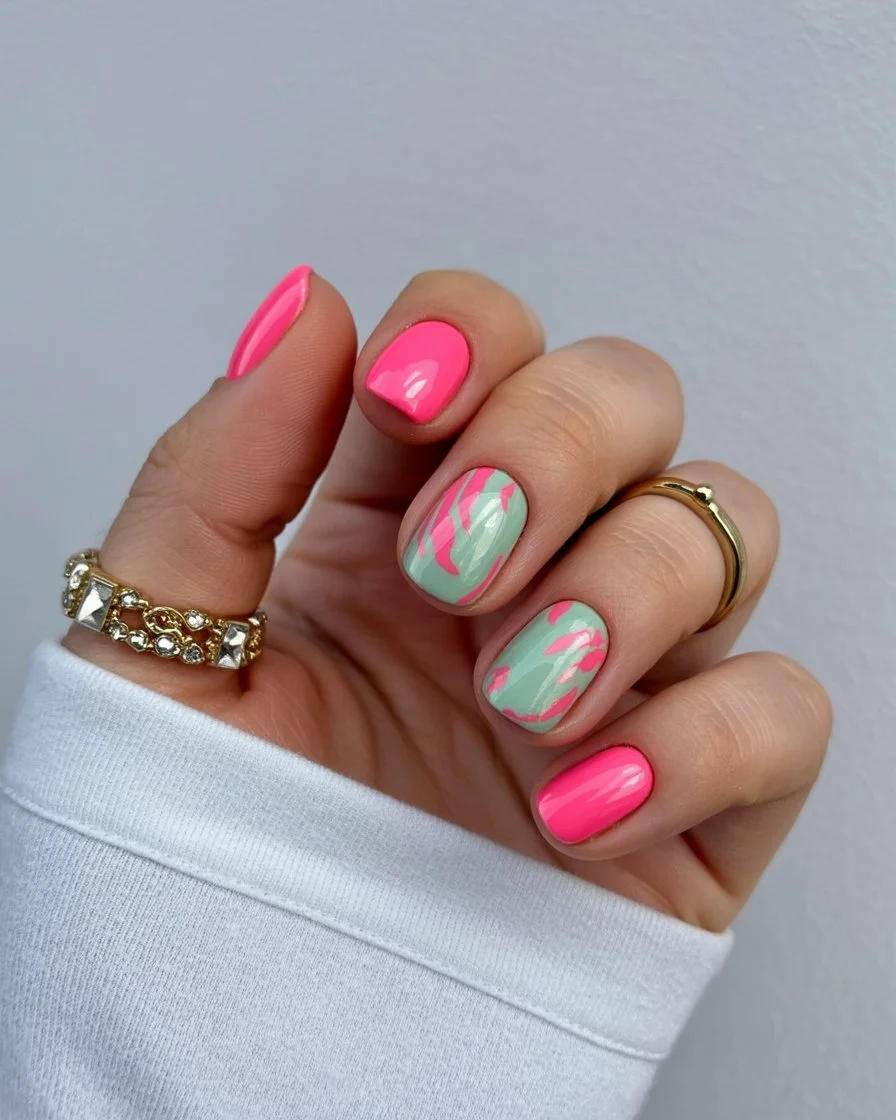 pink summer nails 2026 Soft Mint And Pink Short Nails With Playful Swirls