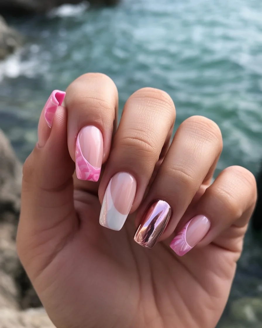 pink summer nails 2026 Pink Waves And Chrome Details For Coastal Summer Days