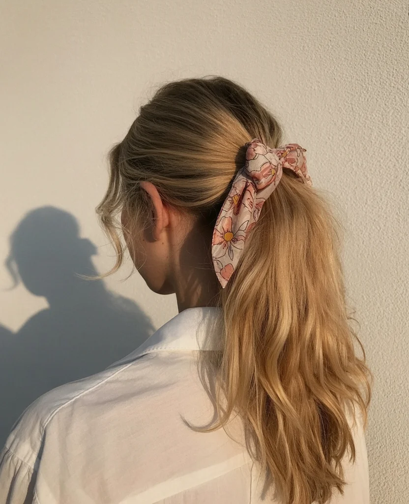 quick summer 5-minute hairstyles 2026 Soft Scarf Ponytails That Feel Like European Summer