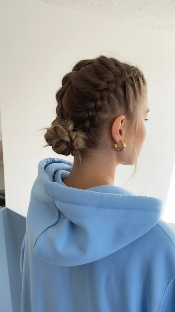 quick summer easy hairstyle 2026 Double braided low bun with cozy contrast