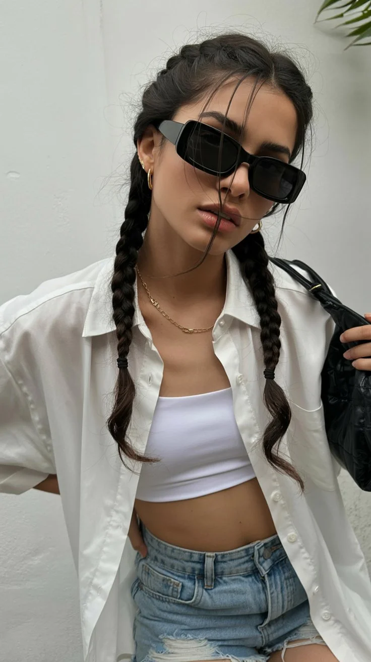 quick summer easy hairstyle 2026 Classic double braids with modern edge