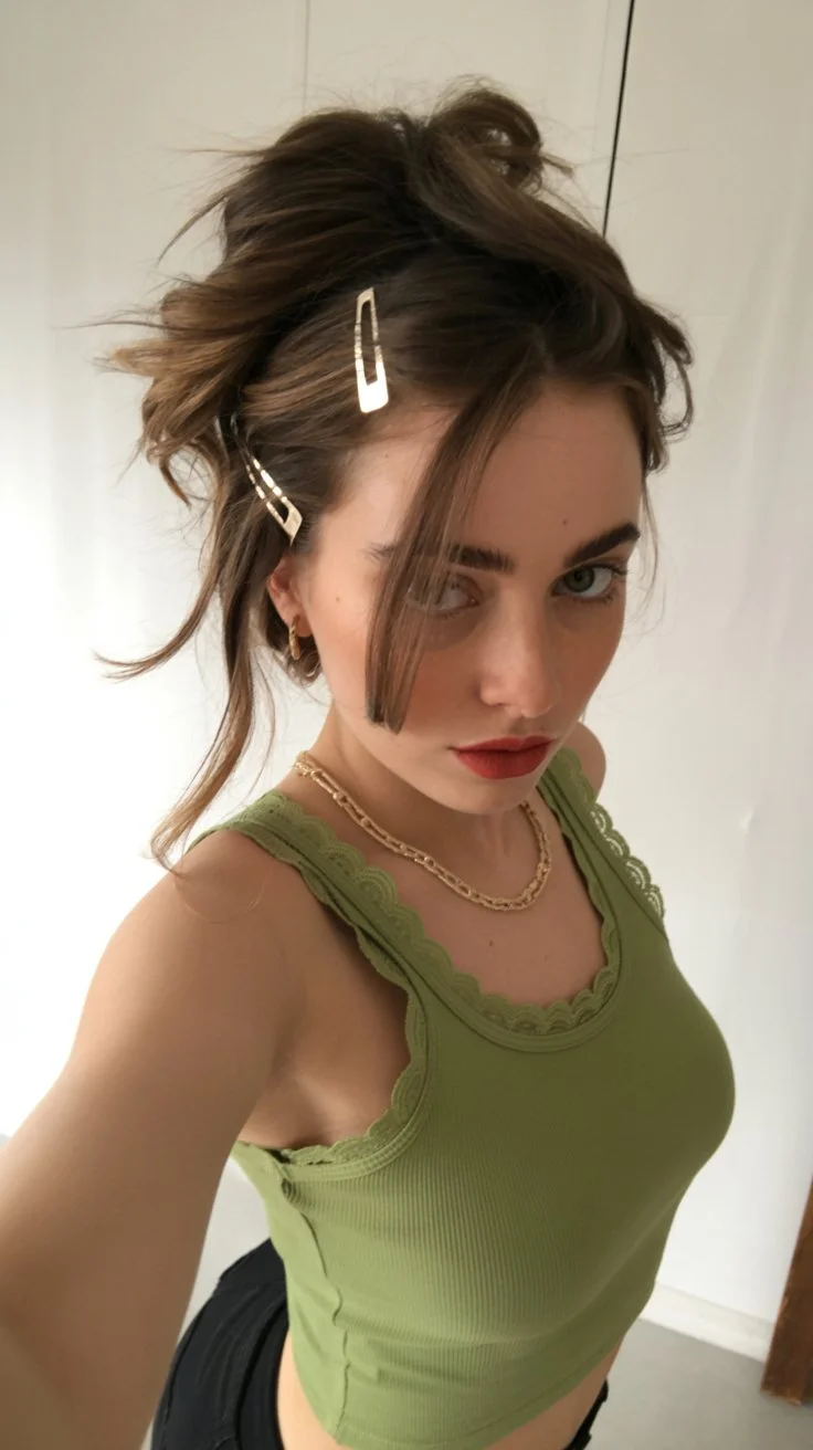 quick summer easy hairstyle 2026 Messy updo with statement clips