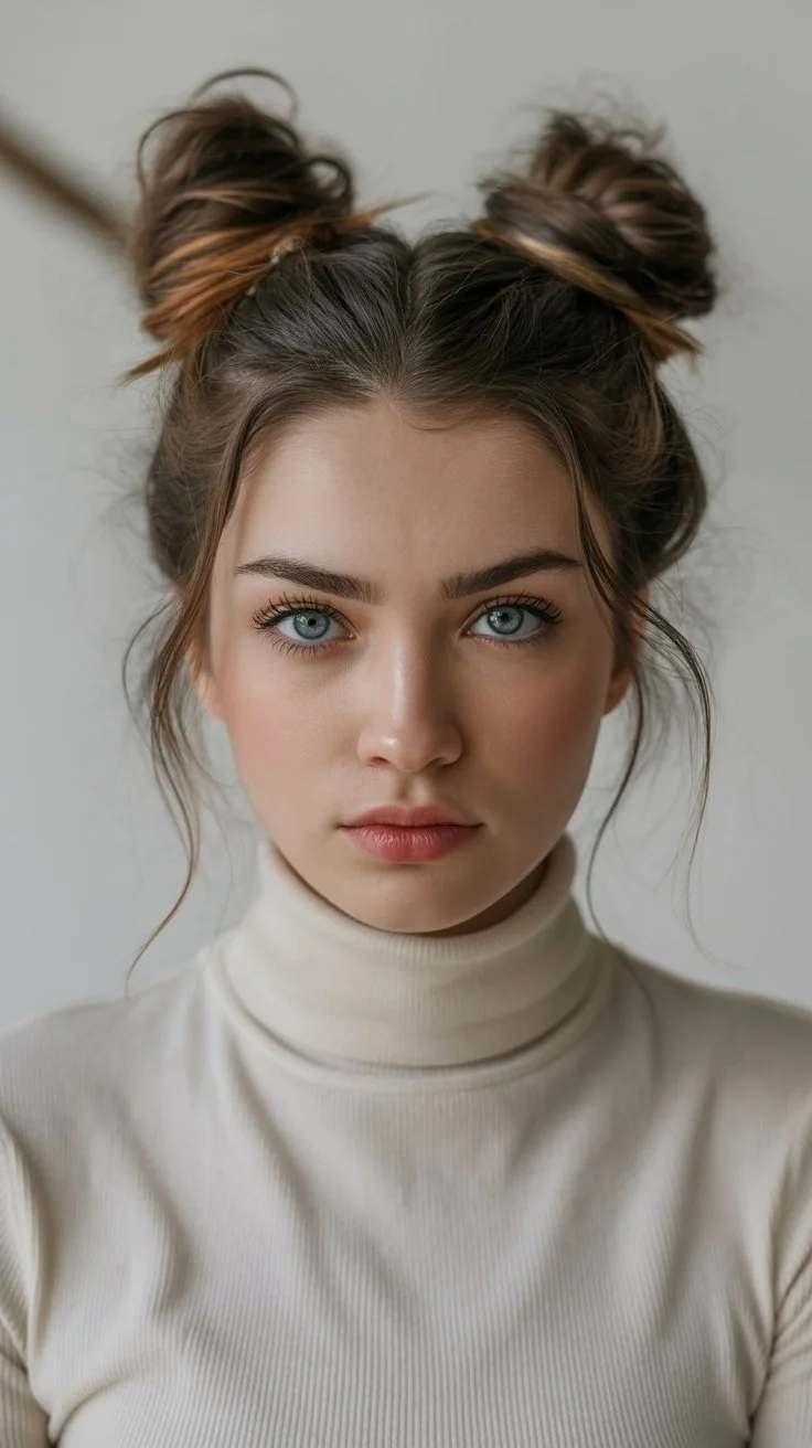 quick summer easy hairstyle 2026 Double space buns with playful attitude