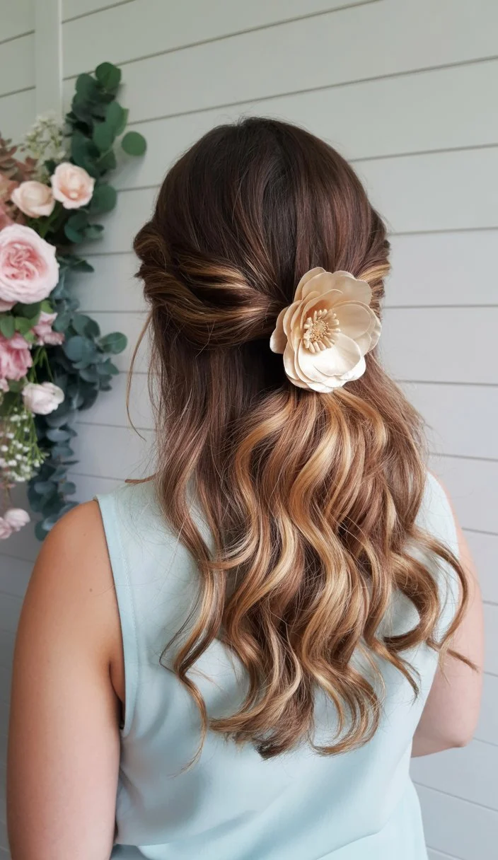 quick summer easy hairstyle 2026 Soft half up waves with floral accent