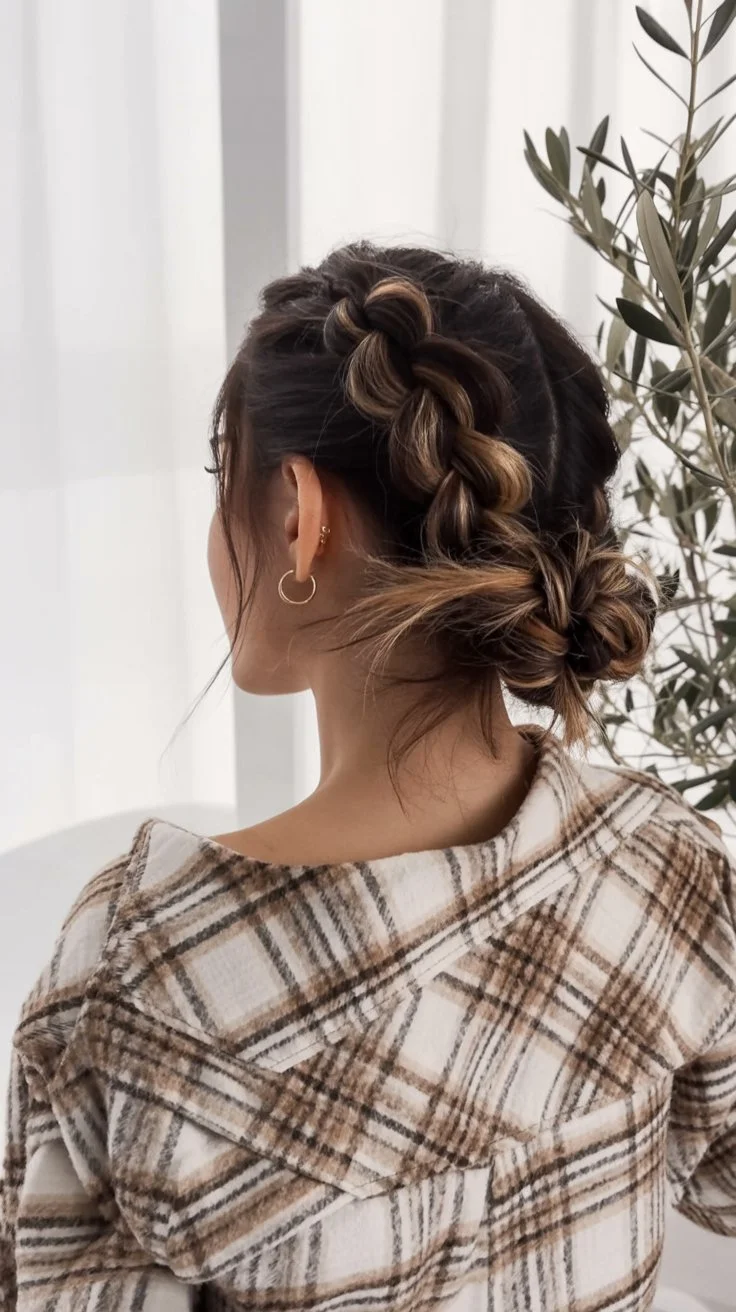 quick summer easy hairstyle 2026 Chunky braid into low textured bun