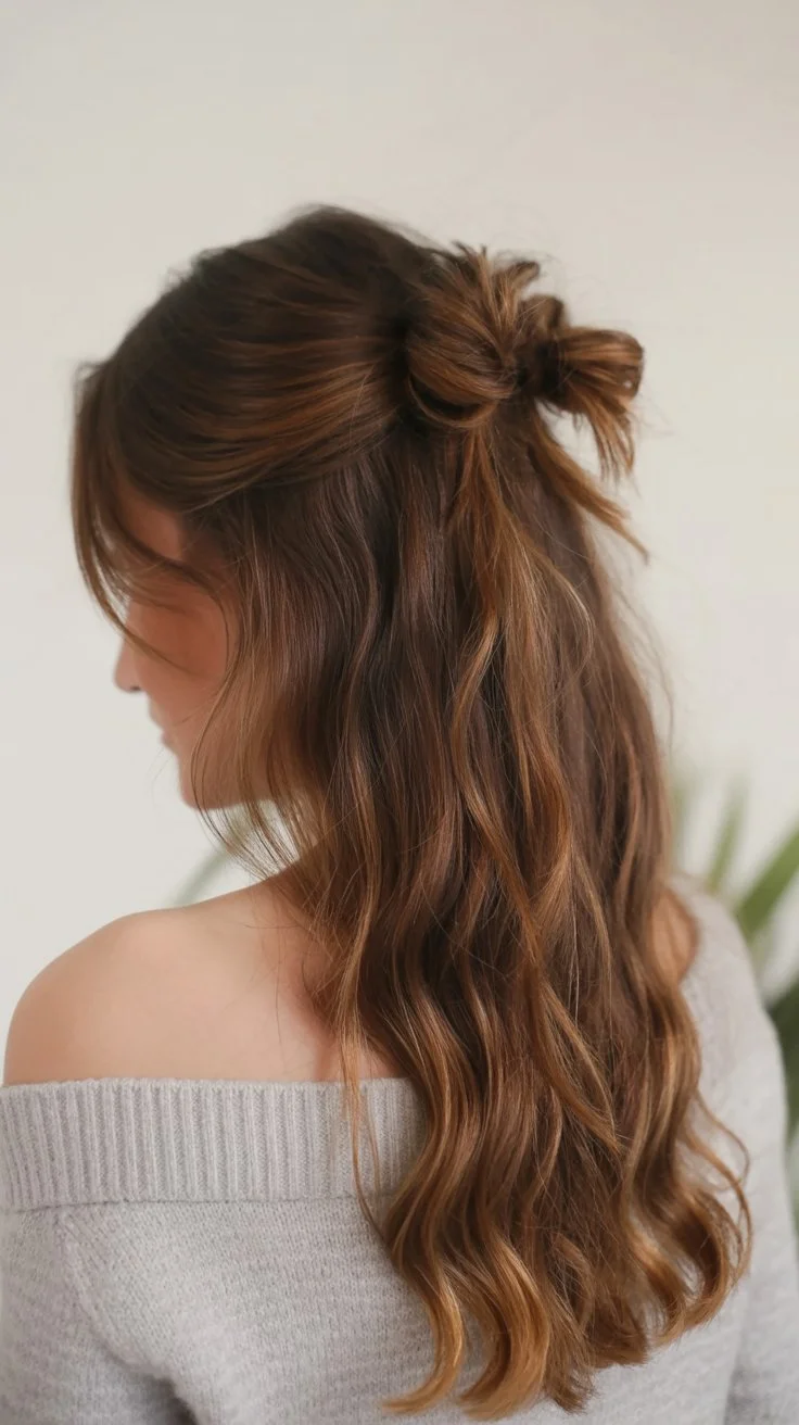 quick summer easy hairstyle 2026 Half up mini bun with soft waves