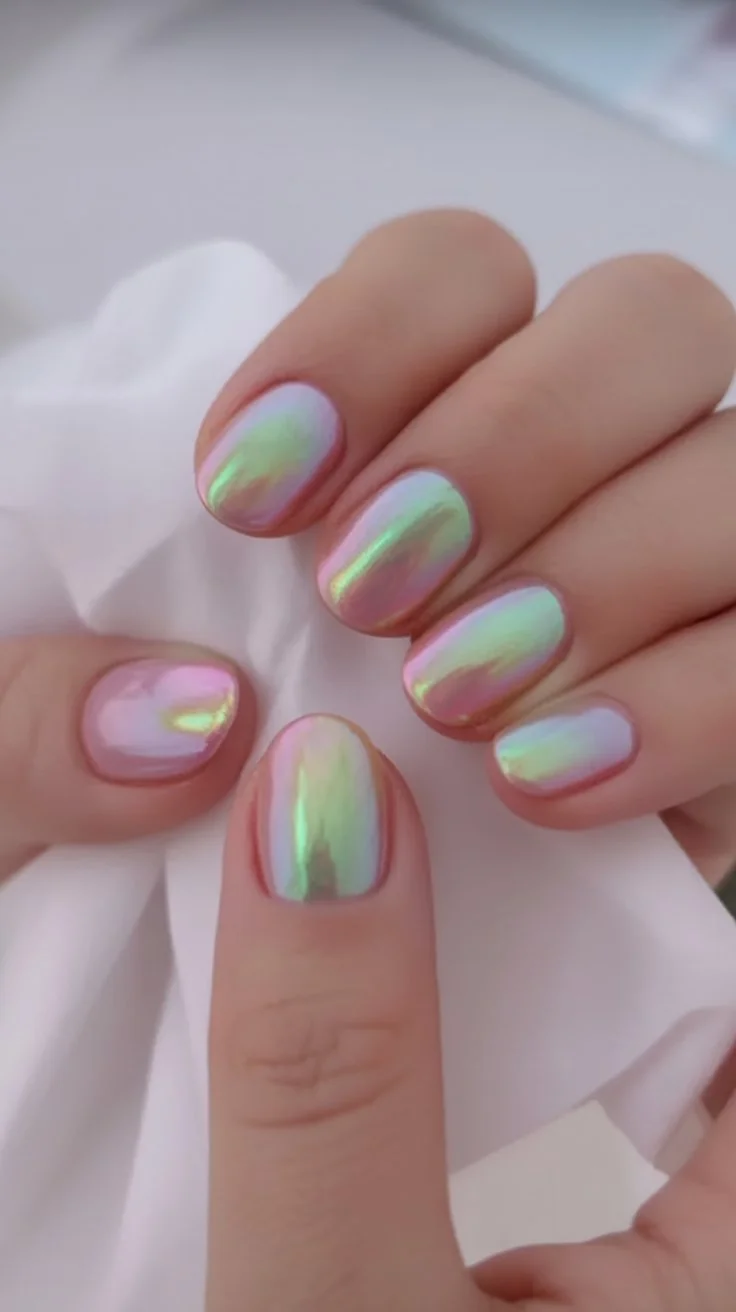 short gel nails summer 2026 Iridescent Chrome That Feels Like Summer Light