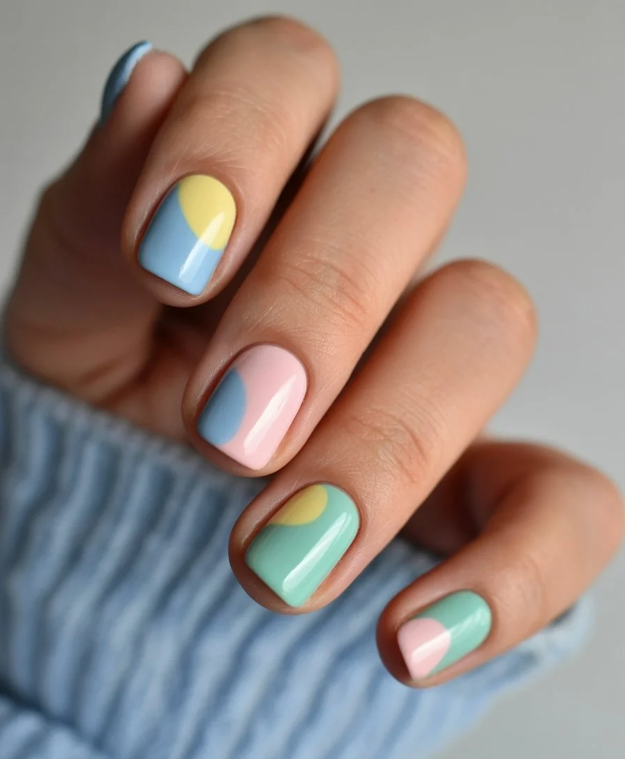 short gel nails summer 2026 Pastel Color Blocking For Happy Summer Moods