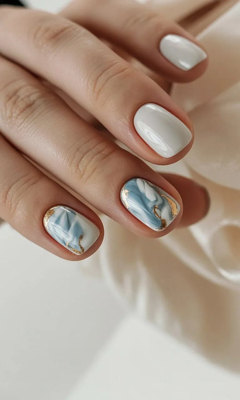 short gel nails summer 2026 Soft Marble Details With Elegant White Accents
