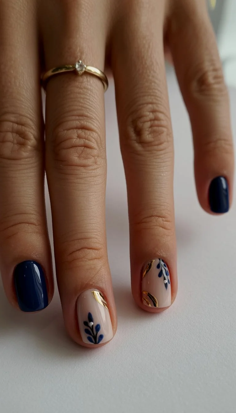 short gel nails summer 2026 Midnight Blue Details With Tiny Botanical Accents