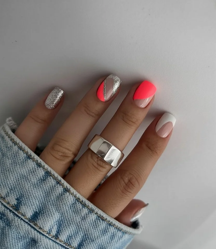 short gel nails summer 2026 Bright Neon Geometry With Downtown Energy
