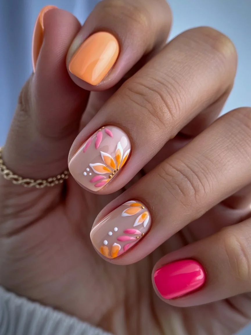 short gel nails summer 2026 Tropical Flower Art With Vacation Mood