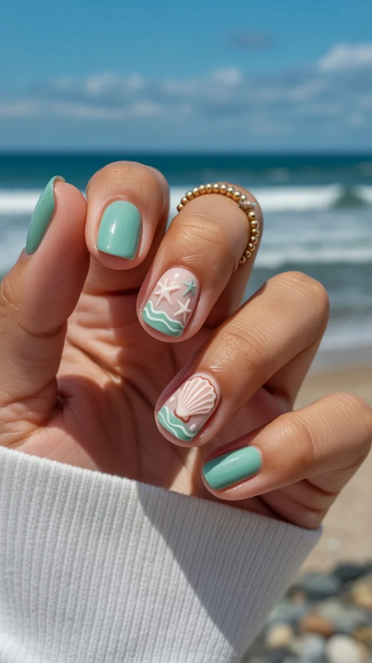 short gel nails summer 2026 Seafoam Starfish Nails For Beach Weekend Energy