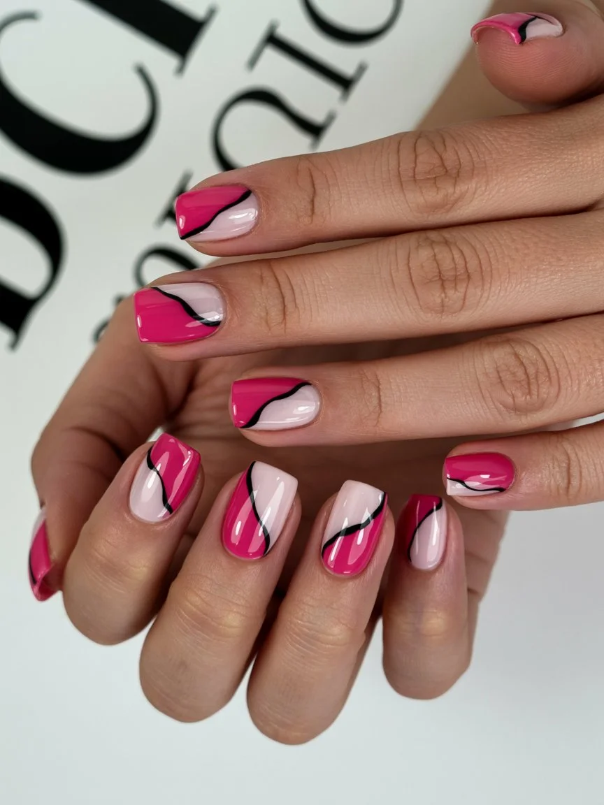 short gel nails summer 2026 Graphic Pink Waves With Fashion Week Energy